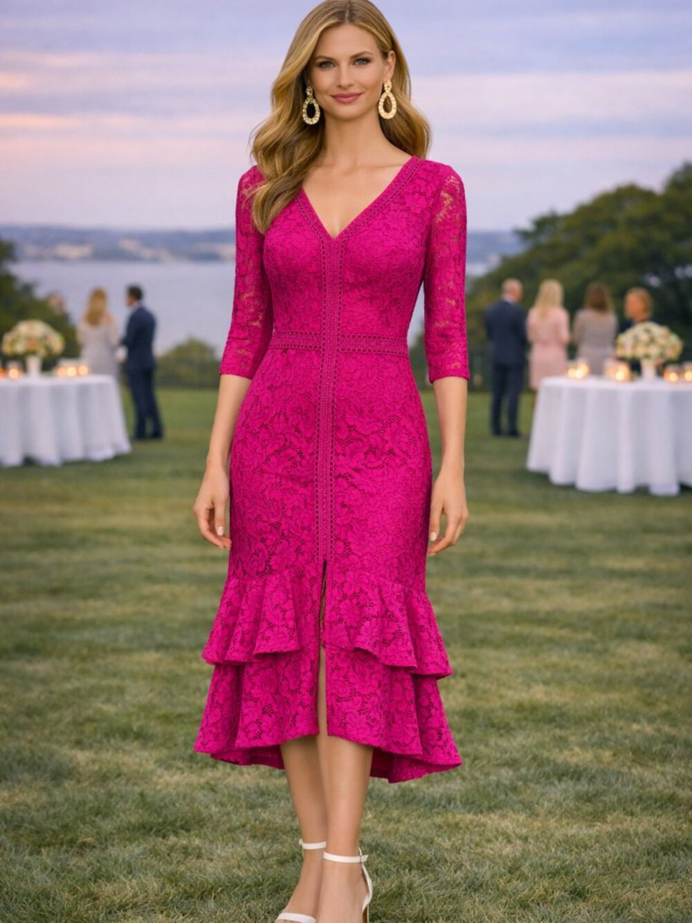 NEW Fuchsia Lace Ruffle Midi Dress. Size 2.
